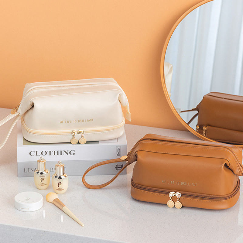 Make-up-Tasche für Damen, tragbare Reise-Kulturtasche aus Leder