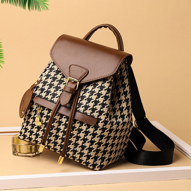 Damen Mini-Rucksack Geldbörse Hahnentrittmuster Klappe Tagesrucksack Leder Schultertasche