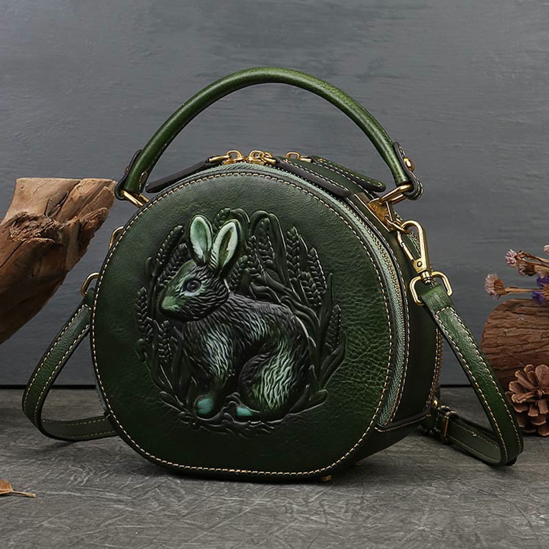 Retro Hase Prägung Handtasche Folk Custom Crossbody Leder Geldbörse
