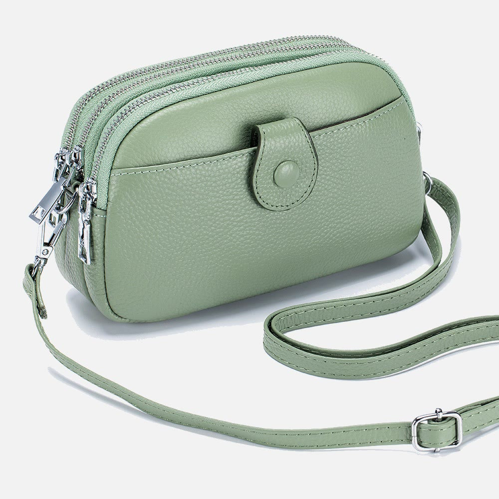 Schultertasche aus echtem Leder mit drei Reißverschlüssen, lässige Umhängetasche für Damen