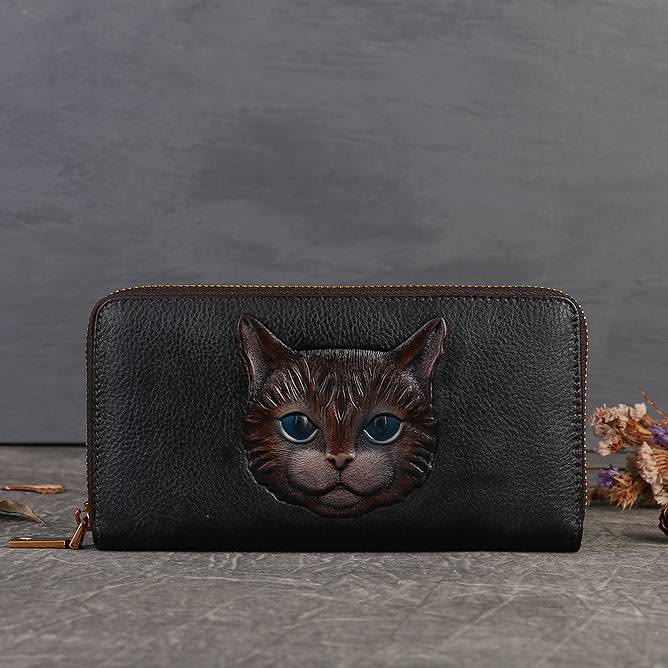 Geldbörse aus echtem Leder mit geprägtem Katzenmotiv und mehreren Fächern
