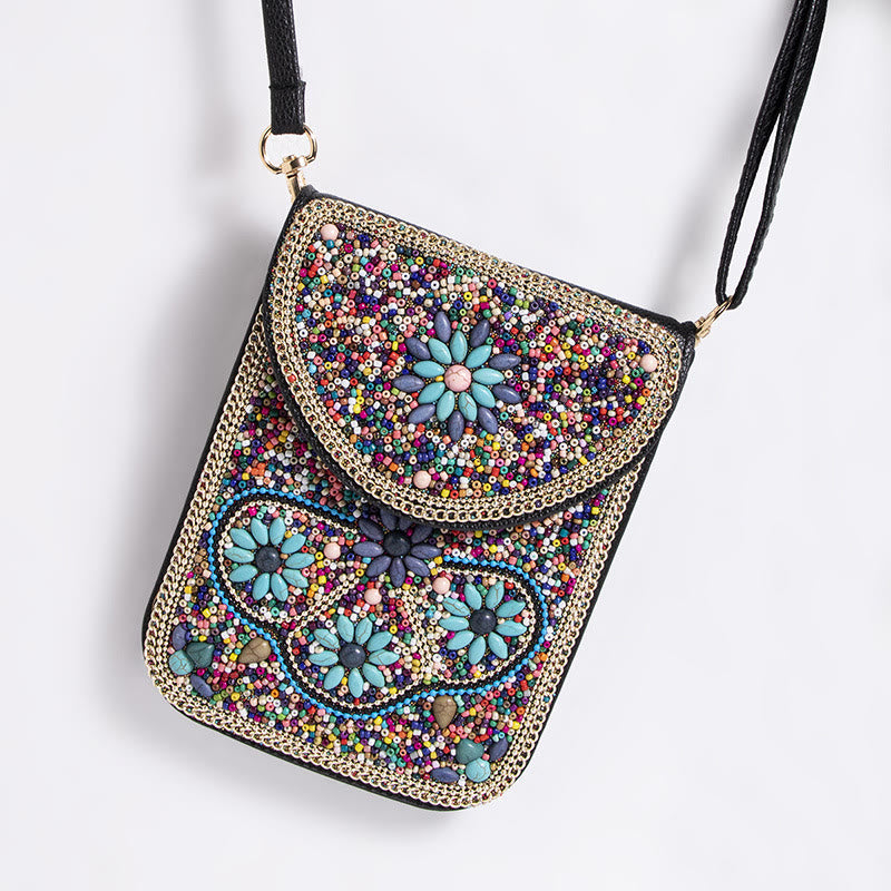 Bohemian Handytasche Damen Muschel Blumen Muster Magnetische Umhängetasche