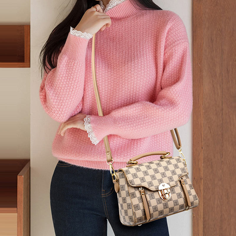 Klassische karierte Prägung Handtasche Damen Vegan Leder Retro Umhängetasche