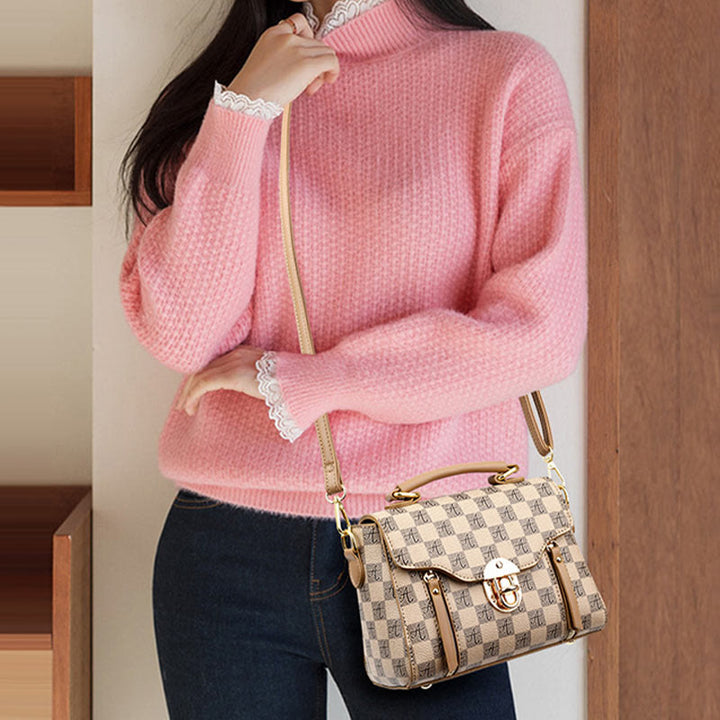 Klassische karierte Prägung Handtasche Damen Vegan Leder Retro Umhängetasche