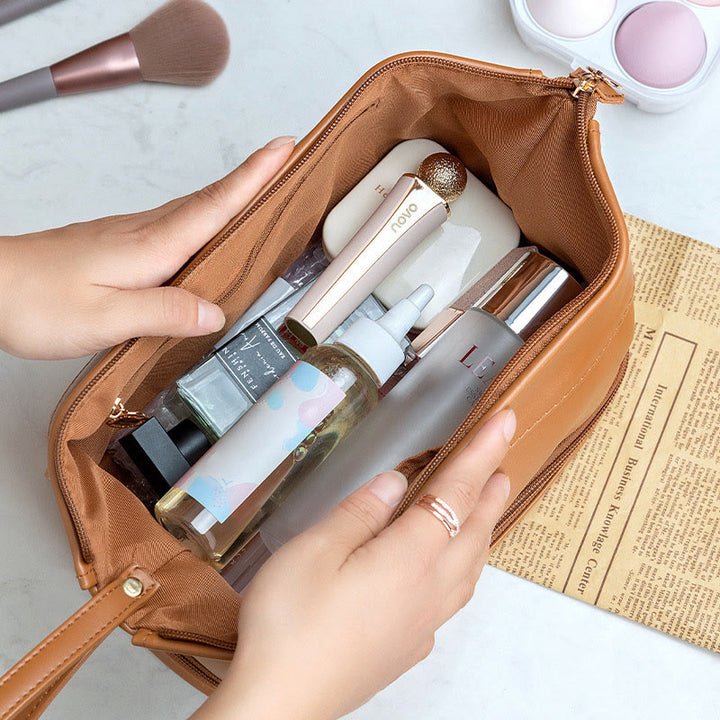 Make-up-Tasche für Damen, tragbare Reise-Kulturtasche aus Leder