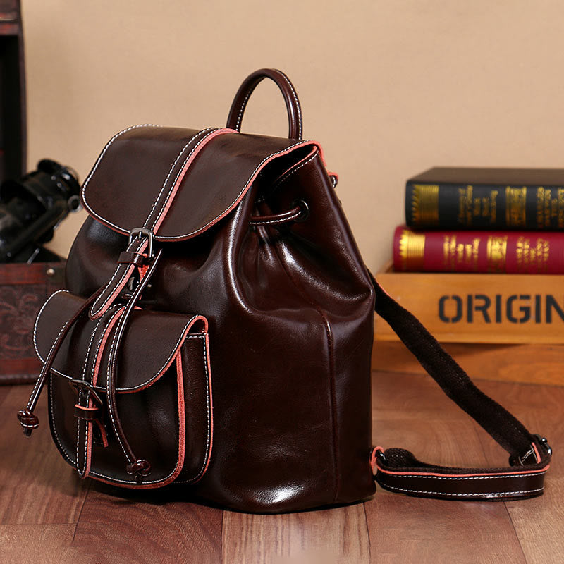 Klassischer Tagesrucksack für Damen, Ausflugsrucksack aus Leder mit Kordelzug