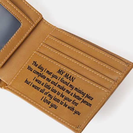Gravierte Herren-Geldbörse, dreifach faltbar, Leder, Kartenhalter, Geschenke für Sohn und Enkel