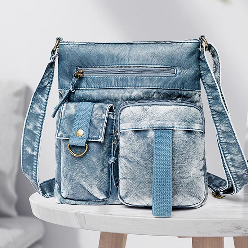 Umhängetasche für Damen, gewaschene, lässige Schultertasche aus Denim-Leder
