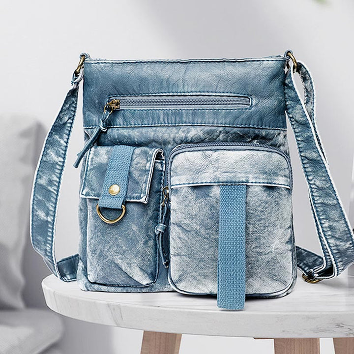 Umhängetasche für Damen, gewaschene, lässige Schultertasche aus Denim-Leder