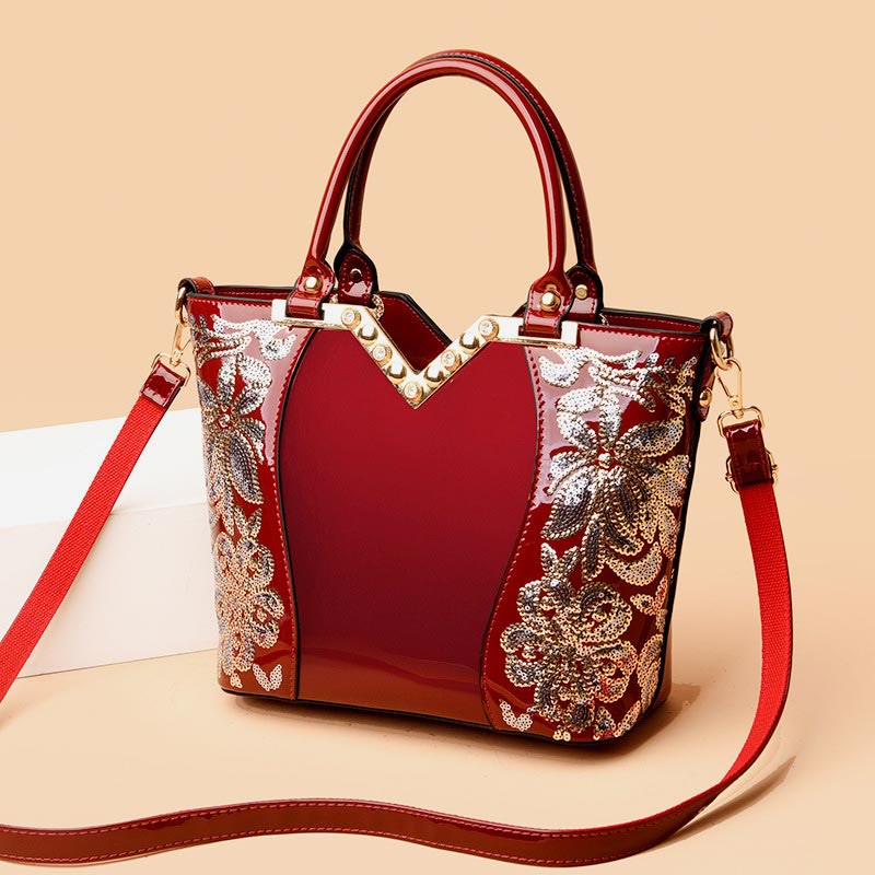 Tragetasche für Damen, bestickte Handtasche aus Lackleder mit Pailletten und Diamanten