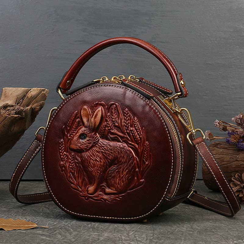 Retro Hase Prägung Handtasche Folk Custom Crossbody Leder Geldbörse