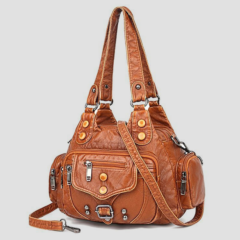 Tragetasche für Damen, Vintage, genietete Umhängetasche aus Leder mit mehreren Taschen