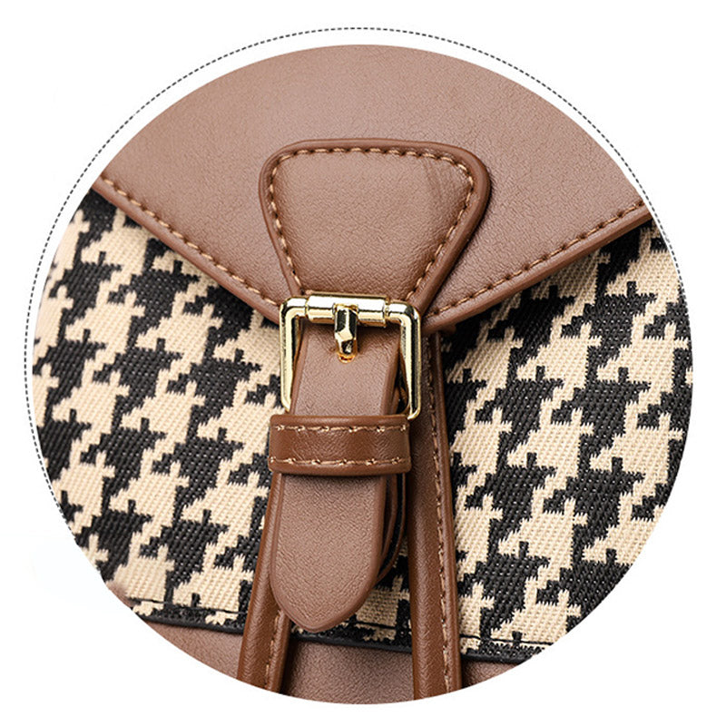 Damen Mini-Rucksack Geldbörse Hahnentrittmuster Klappe Tagesrucksack Leder Schultertasche