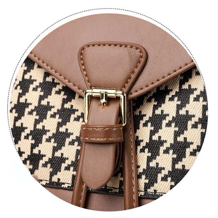 Damen Mini-Rucksack Geldbörse Hahnentrittmuster Klappe Tagesrucksack Leder Schultertasche
