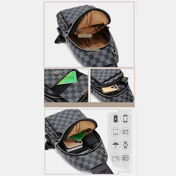 Mehrzweck-Schultertasche aus lässigem, kariertem Leder für Herren, Umhängetasche, Schulterrucksack