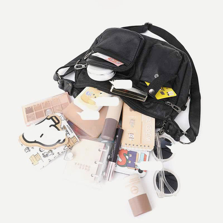 Damen Umhängetasche aus weichem Leder mit zwei Fächern, geräumige Handtasche, Schultertasche
