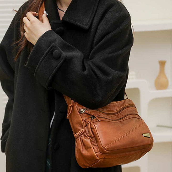 Umhängetasche aus weichem Leder mit zwei Fächern, Retro-Handtasche für Damen