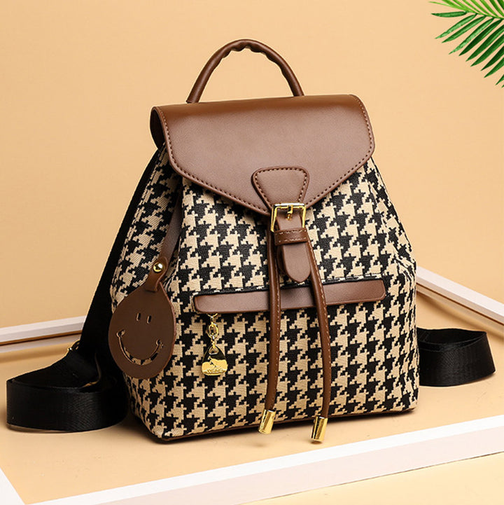 Damen Mini-Rucksack Geldbörse Hahnentrittmuster Klappe Tagesrucksack Leder Schultertasche