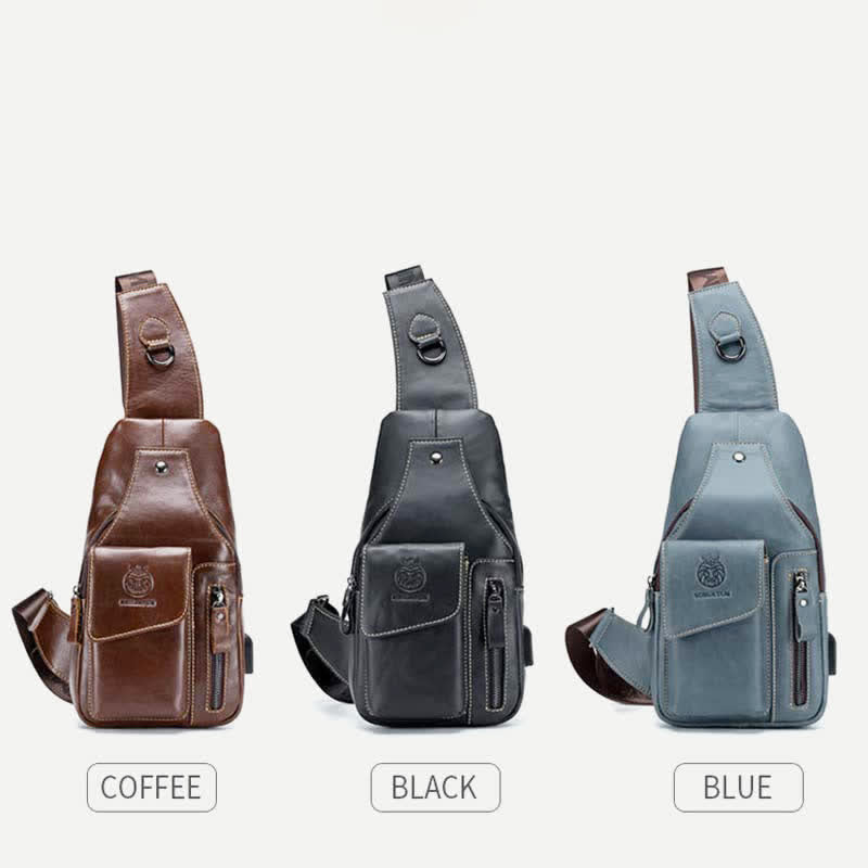 Brusttasche aus echtem Leder mit mehreren Taschen und USB-Ladeanschluss