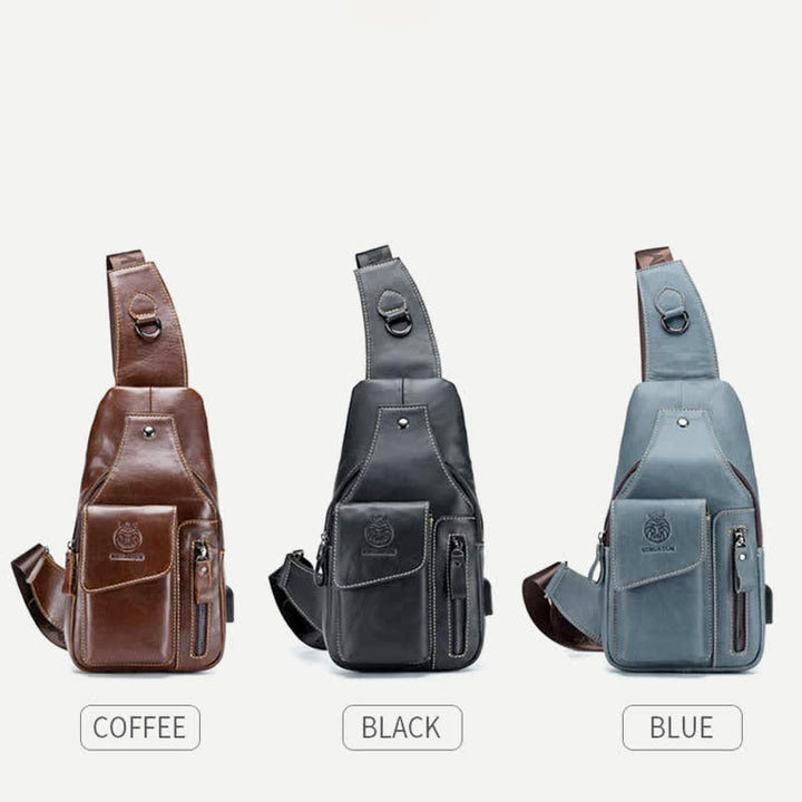 Brusttasche aus echtem Leder mit mehreren Taschen und USB-Ladeanschluss