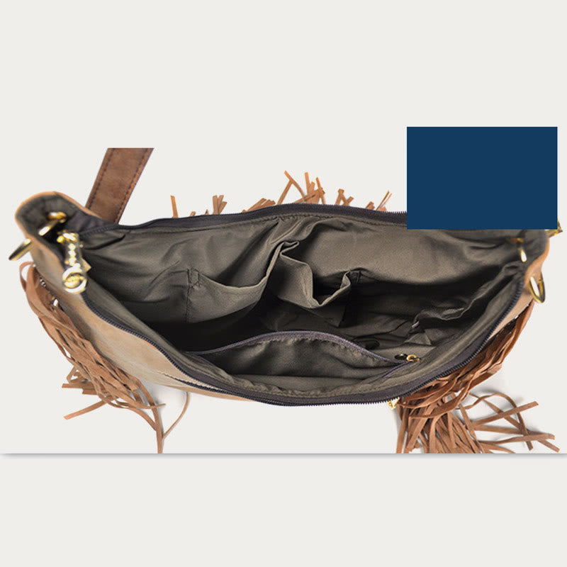 Umhängetasche für Damen, Reisetasche aus Leder im ethnischen Stil mit Quaste