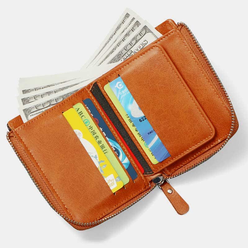 RFID-blockierende kleine Geldbörse aus Leder mit Rundum-Reißverschluss für die Vordertasche