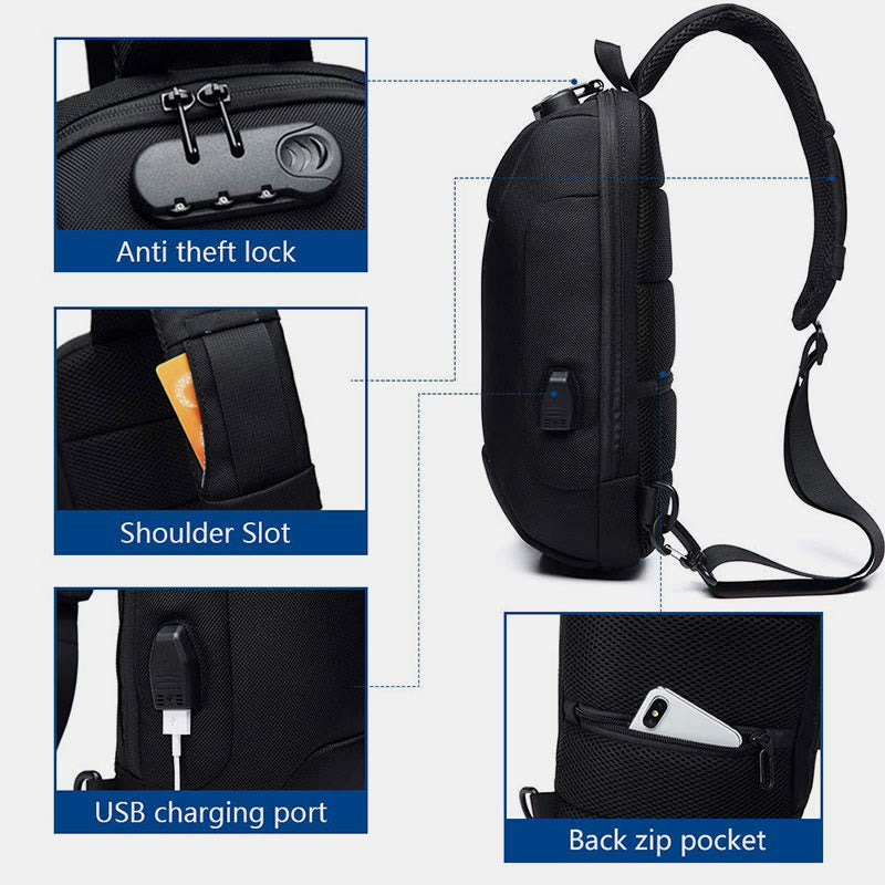 Modische Schultertasche mit mehreren Taschen, Brusttasche mit Passschloss und USB-Ladeanschluss