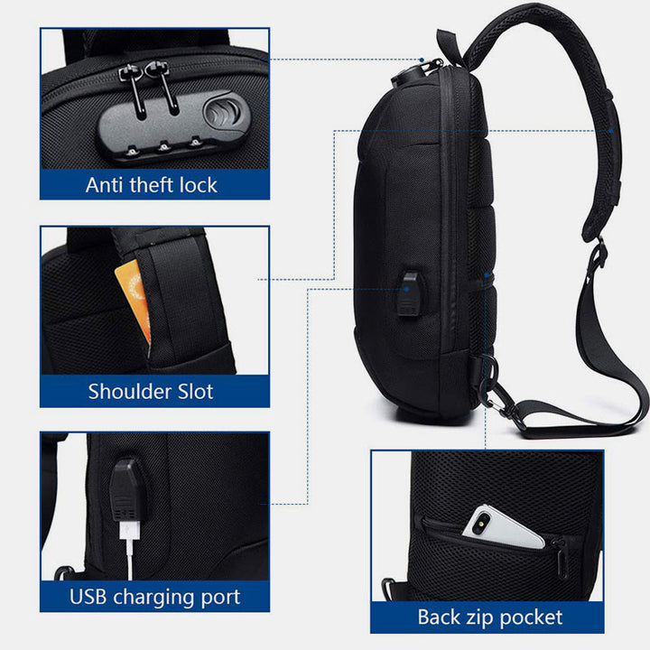 Modische Schultertasche mit mehreren Taschen, Brusttasche mit Passschloss und USB-Ladeanschluss