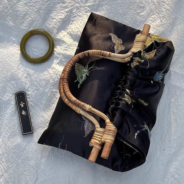 Schwarze und goldene Schmetterlingshandtasche für Damen, dicke Jacquard-Rattantasche
