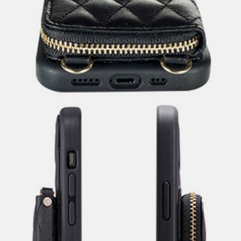 iPhone-Handyhülle, gestepptes Leder, Brieftaschen-Hülle, Kartenhalter mit Umhängegurt
