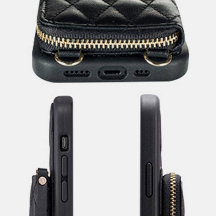 iPhone-Handyhülle, gestepptes Leder, Brieftaschen-Hülle, Kartenhalter mit Umhängegurt