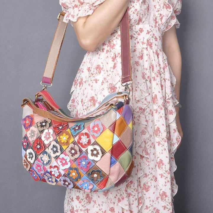 Mehrfarbige Boston-Tasche aus echtem Leder mit Blumenmuster, Hobo-Tragetasche, Umhängetasche
