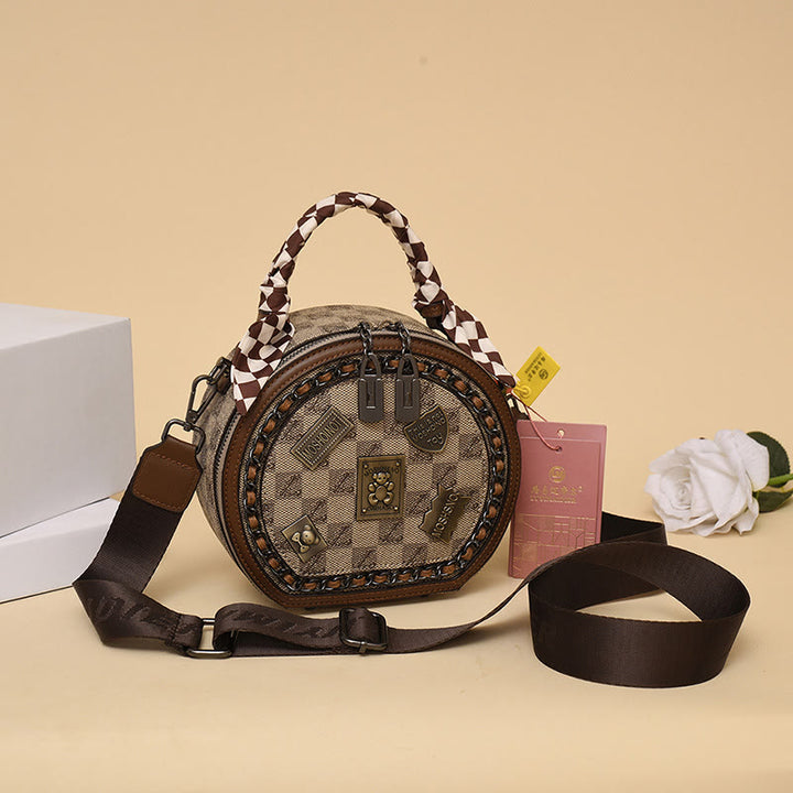 Top-Griff-Tasche für Damen Vintage breite Riemen kleine runde Tasche