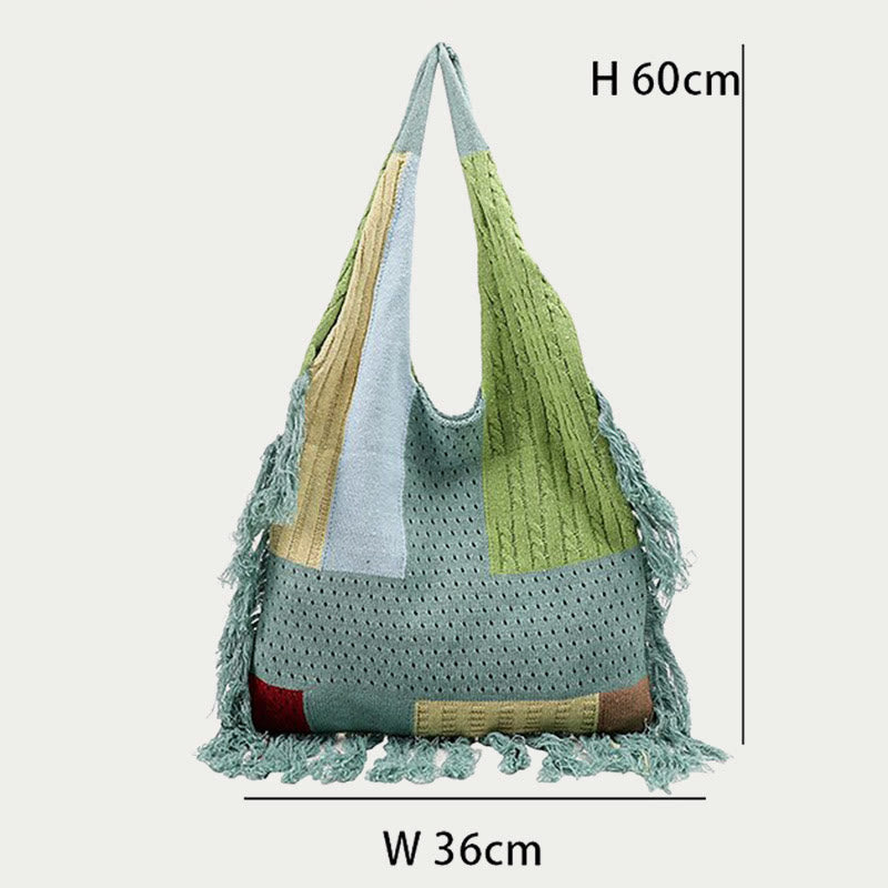Quaste Umhängetasche für Damen Einfache Retro Gespleißte Stricktasche