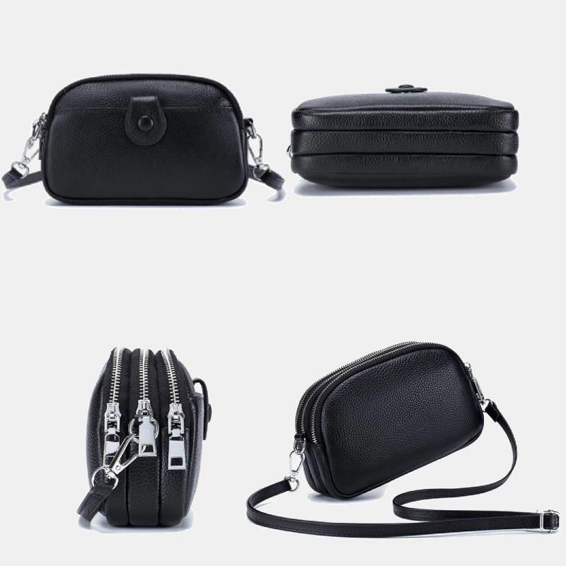 Schultertasche aus echtem Leder mit drei Reißverschlüssen, lässige Umhängetasche für Damen