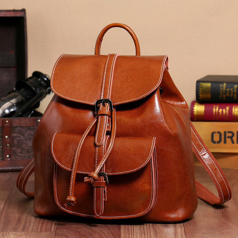 Klassischer Tagesrucksack für Damen, Ausflugsrucksack aus Leder mit Kordelzug