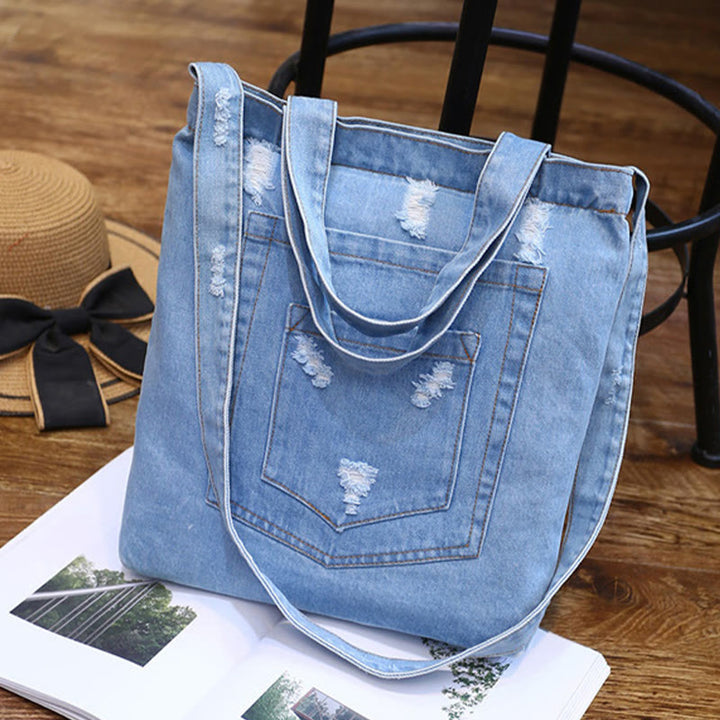 Denim Tote für Ausflüge Retro Canvas zerrissene Umhängetasche - # D - Himmelblau - image 22