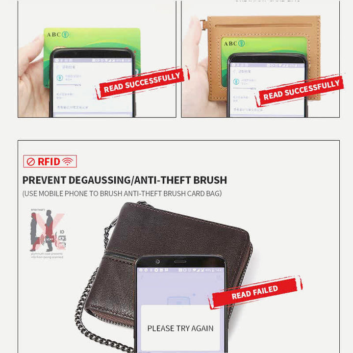 Zweifach gefaltete Geldbörse aus echtem Leder mit Rundum-Reißverschluss und RFID-Blockierung und Kette