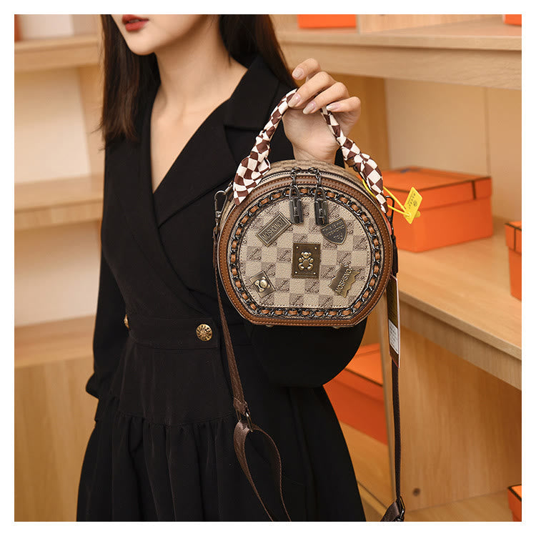 Top-Griff-Tasche für Damen Vintage breite Riemen kleine runde Tasche