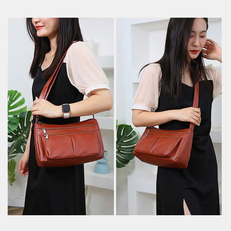 Umhängetasche mit 3 Reißverschlüssen für Damen, leichte, wasserdichte Schultertasche aus Leder
